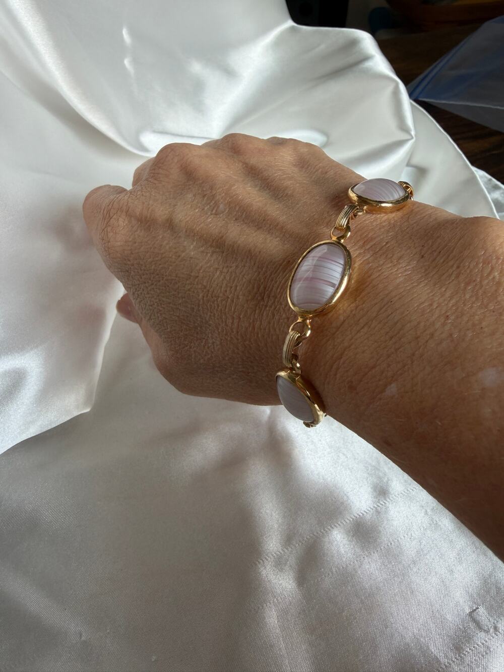 Vintage Sarah Coventry Gold-Tone Bracelet with Pink Banded Cabochons MRL30